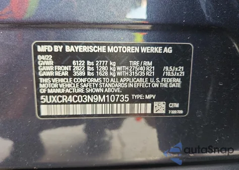 2022 BMW X5 Sdrive 40I из США, поврежденный, VIN 5UXCR4C03N9M10735